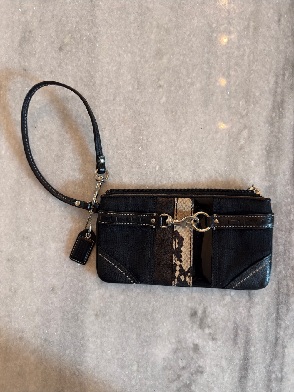 Coach Black Wristlet Clutch with Snake-Print Accent